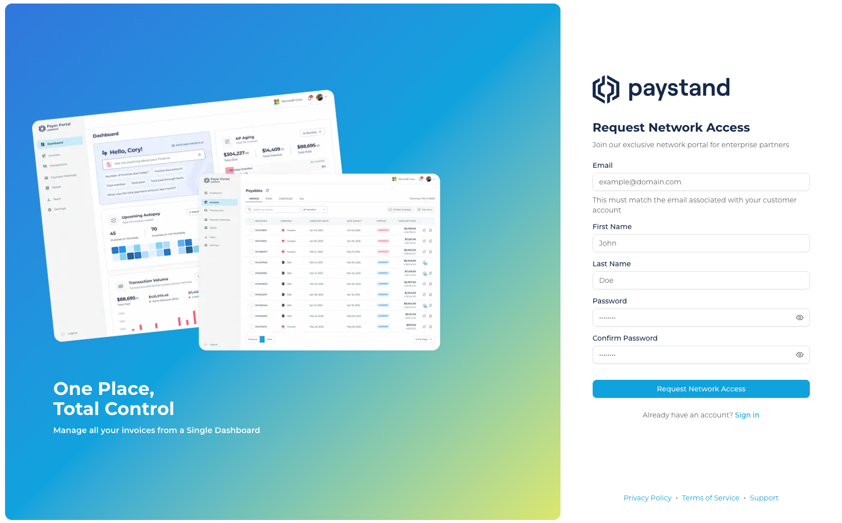Network Portal sign-up form