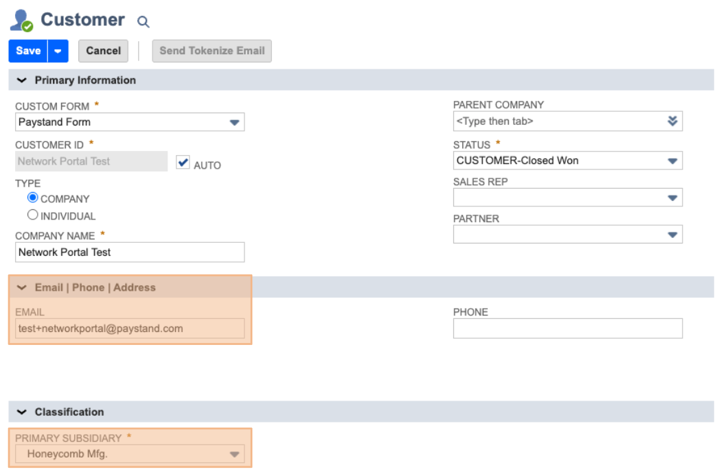 Example ERP customer record setup