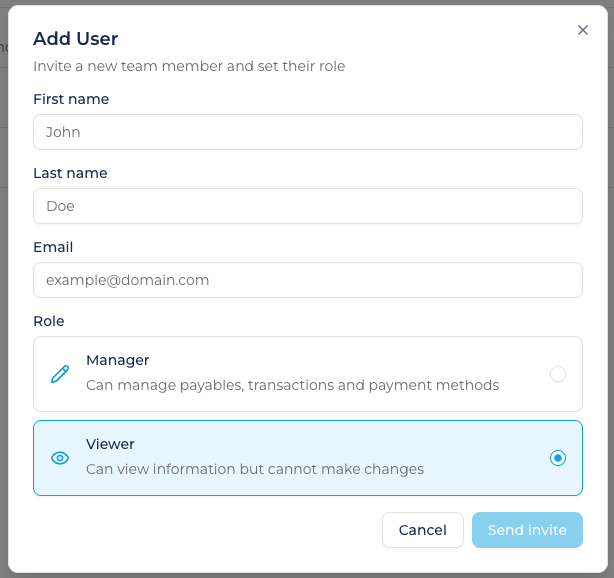 Role management screen in Network Portal