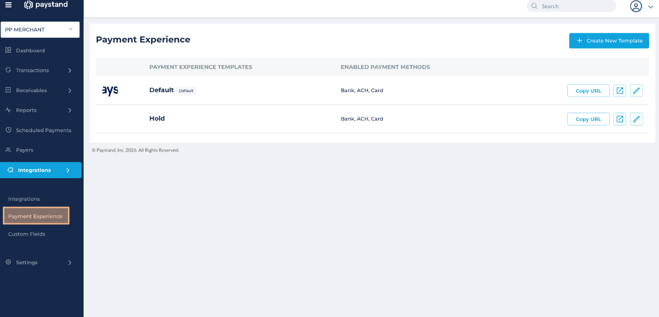 Payment Experience section in the Paystand Dashboard