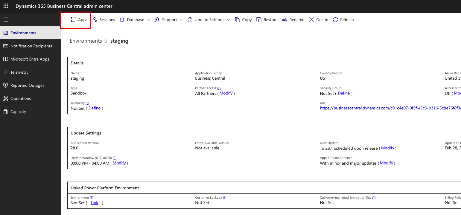 Apps tab on environment page