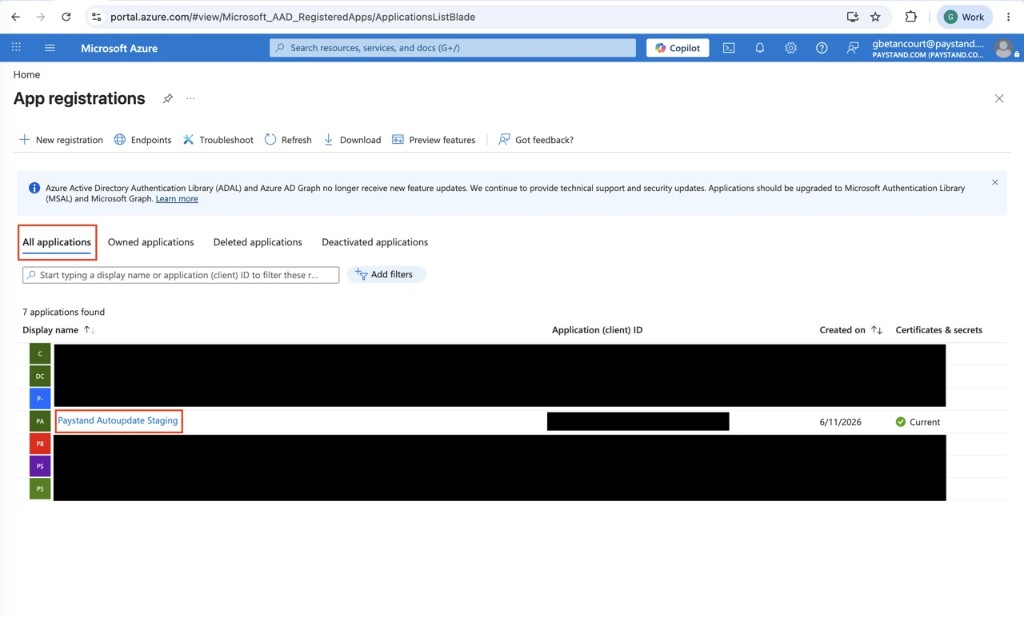 Azure App registrations — All applications