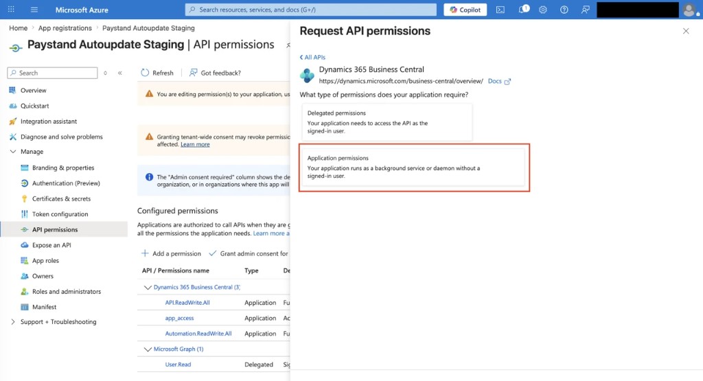 Application permissions selected