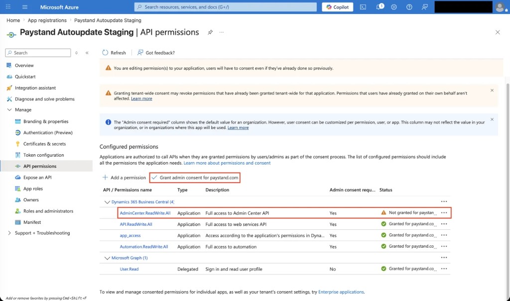 Grant admin consent for AdminCenter.ReadWrite.All