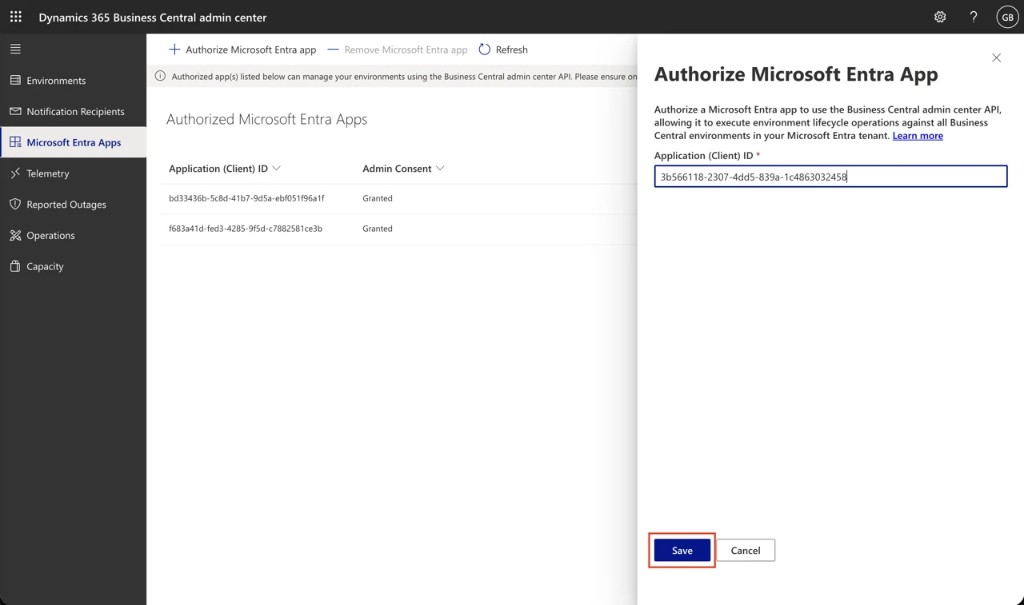 Authorize Microsoft Entra app — paste Client ID and Save