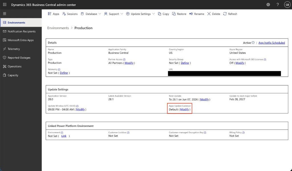 Environment details — Apps Update Cadence Modify link