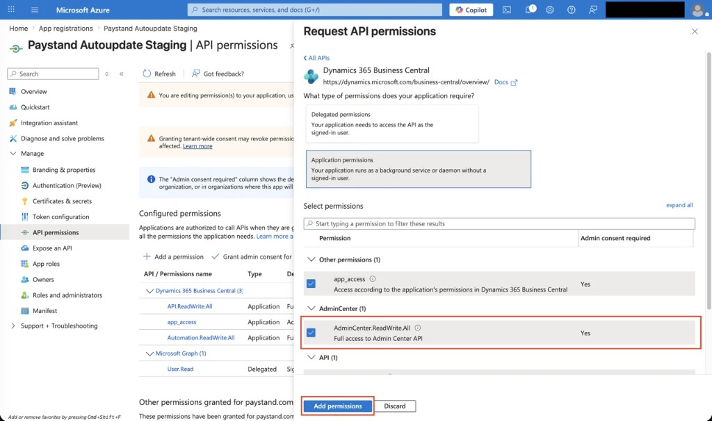 AdminCenter.ReadWrite.All selected — Add permissions