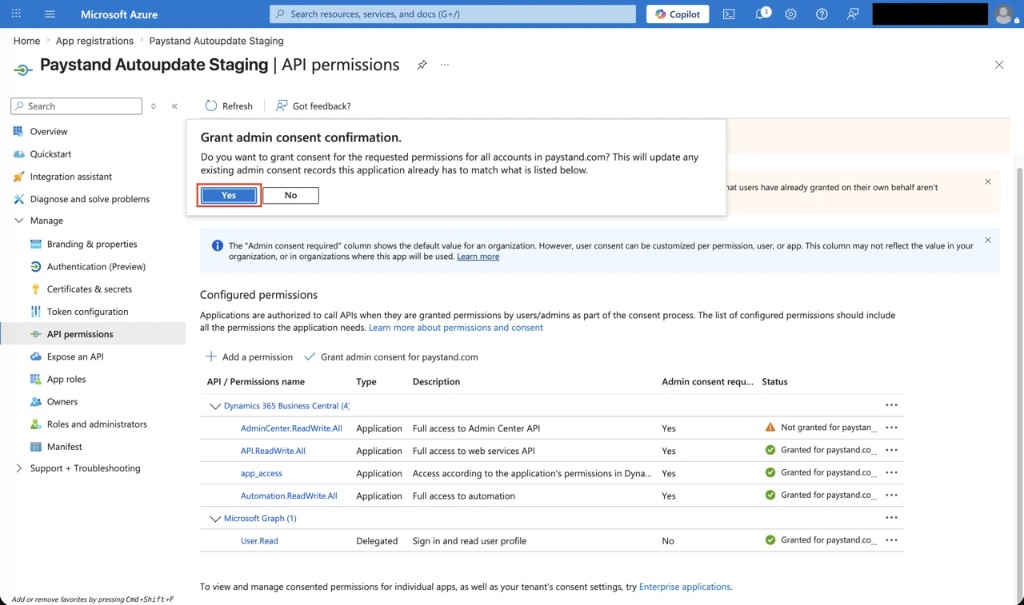 Grant admin consent confirmation — Yes