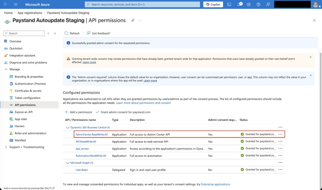 AdminCenter.ReadWrite.All — Granted for your tenant