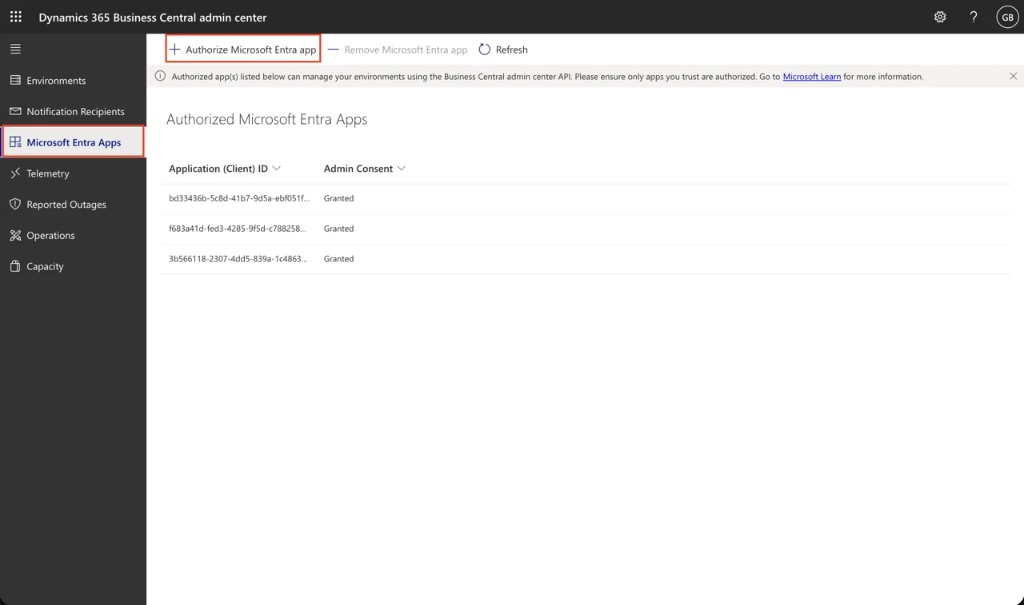 BC Admin Center — Microsoft Entra Apps — Authorize