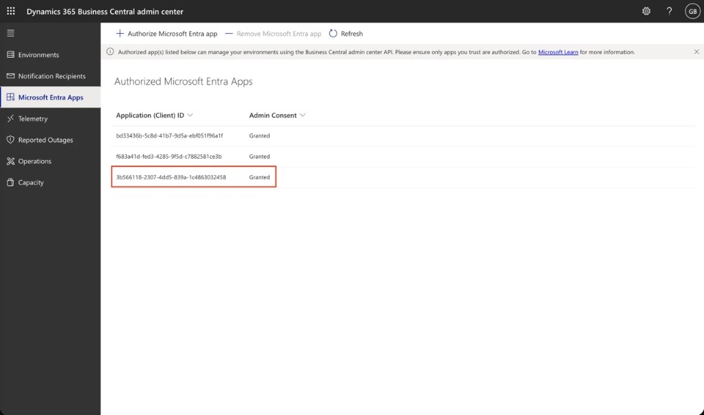 Authorized Microsoft Entra app — Admin Consent Granted