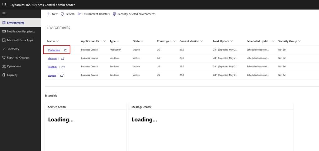 Environments list in BC Admin Center