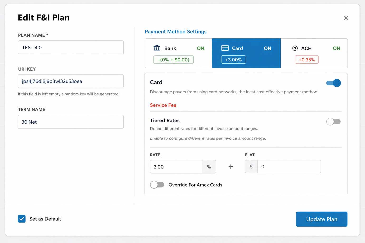 Fees & Incentives plan editor — Card tab with Tiered Rates toggle off