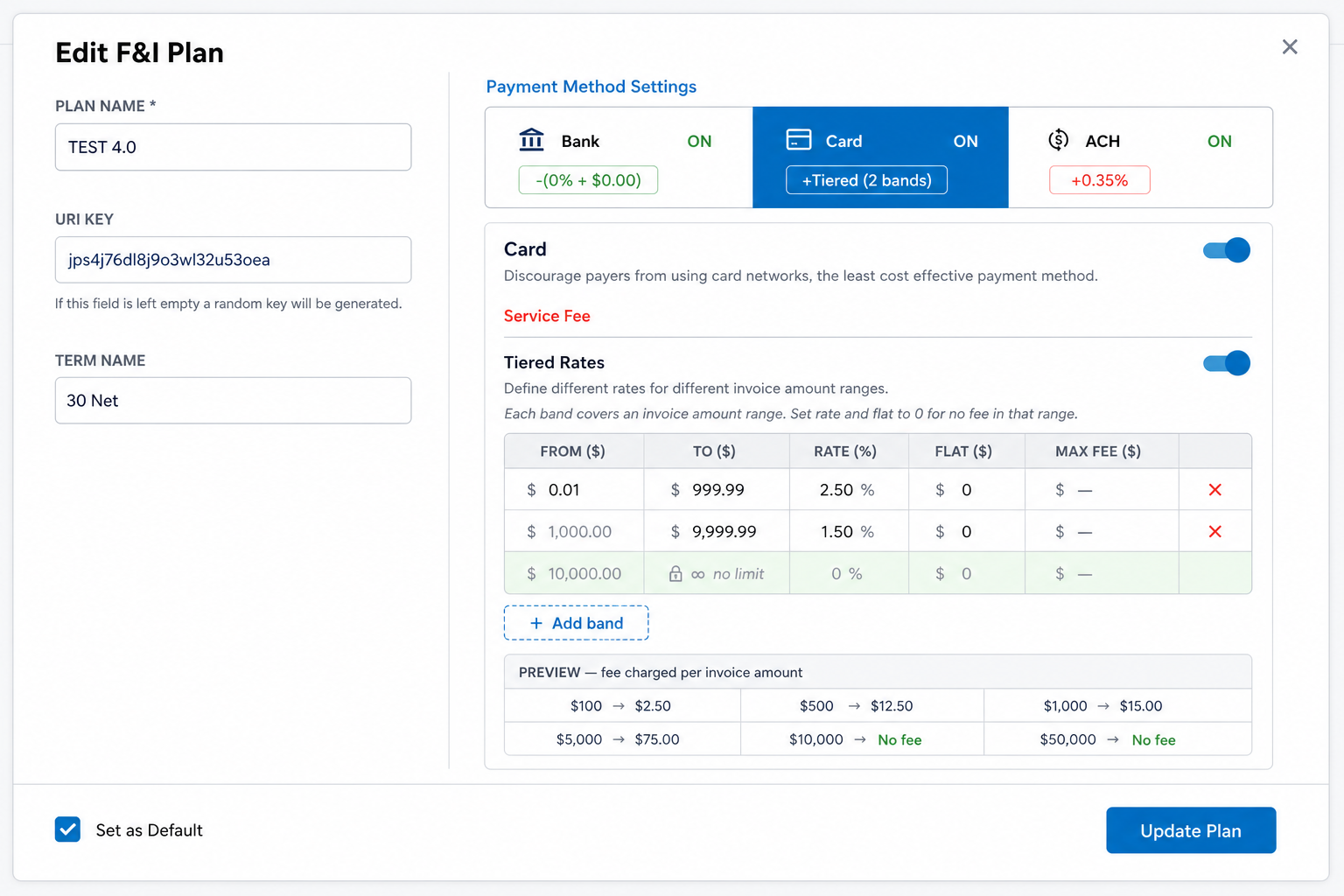 Fees & Incentives plan editor — Card tab with Tiered Rates on, showing two bands