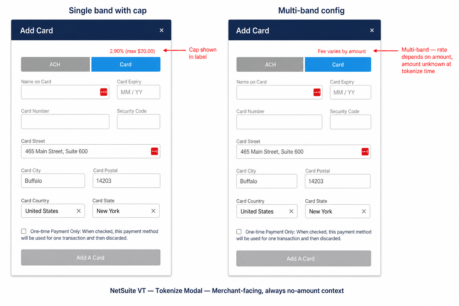 NetSuite Virtual Terminal showing 'Fee varies by amount' label
