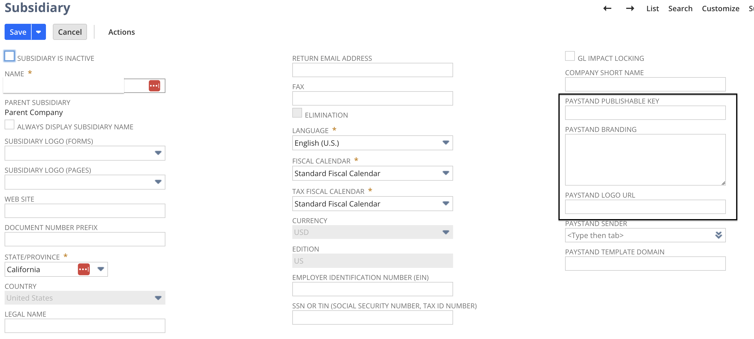Subsidiary Paystand fields — Publishable Key and Template Domain