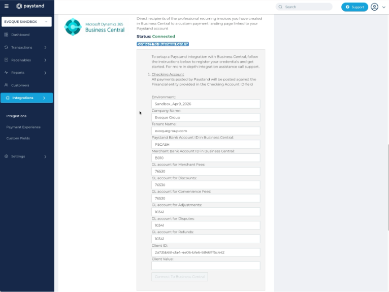 Expanded Business Central connection form showing the GL account fields