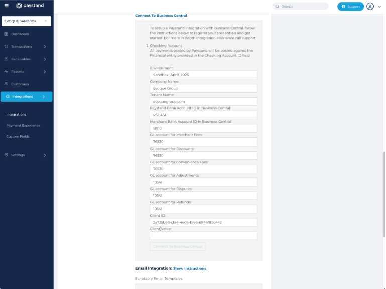 Paystand Business Central form showing Client ID and Client Value fields