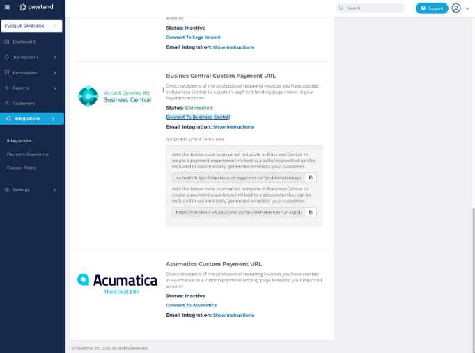 Paystand Dashboard Integrations page showing Microsoft Dynamics 365 Business Central