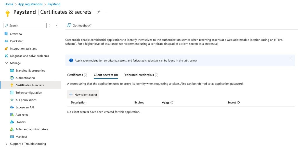 Microsoft Entra Certificates and secrets page showing Client secrets metadata