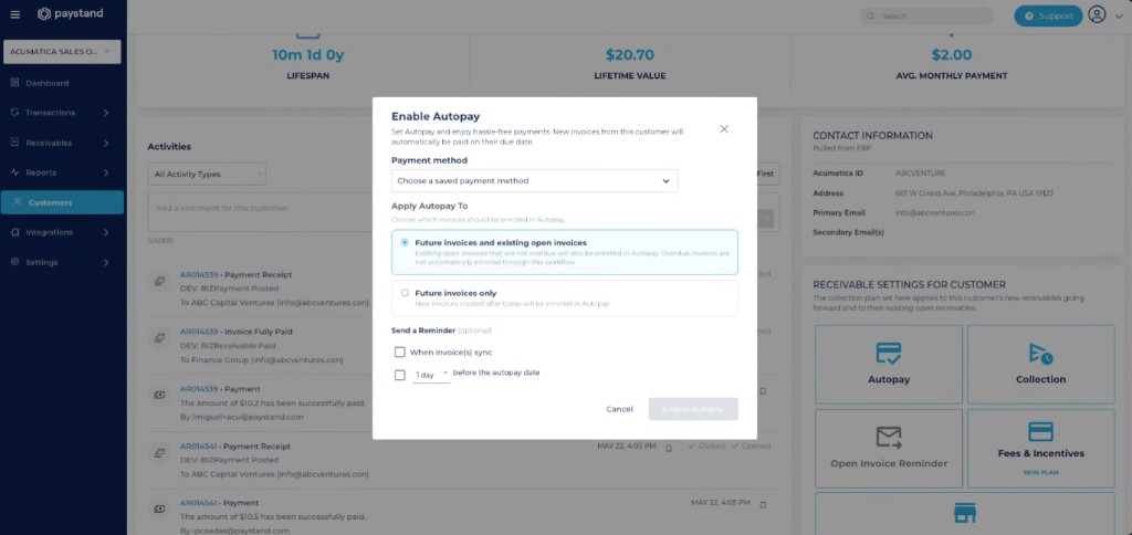 Enable Autopay modal with payment method, invoice scope, and Send a Reminder