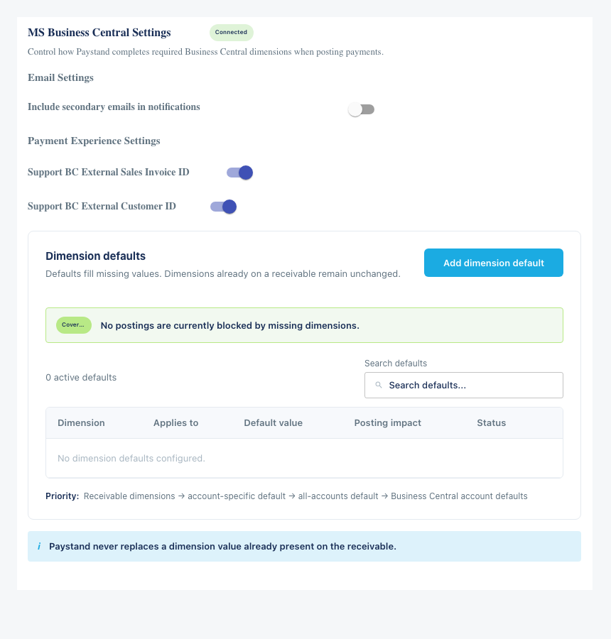 Connected MS Business Central Settings page with the Dimension defaults panel and Add dimension default button