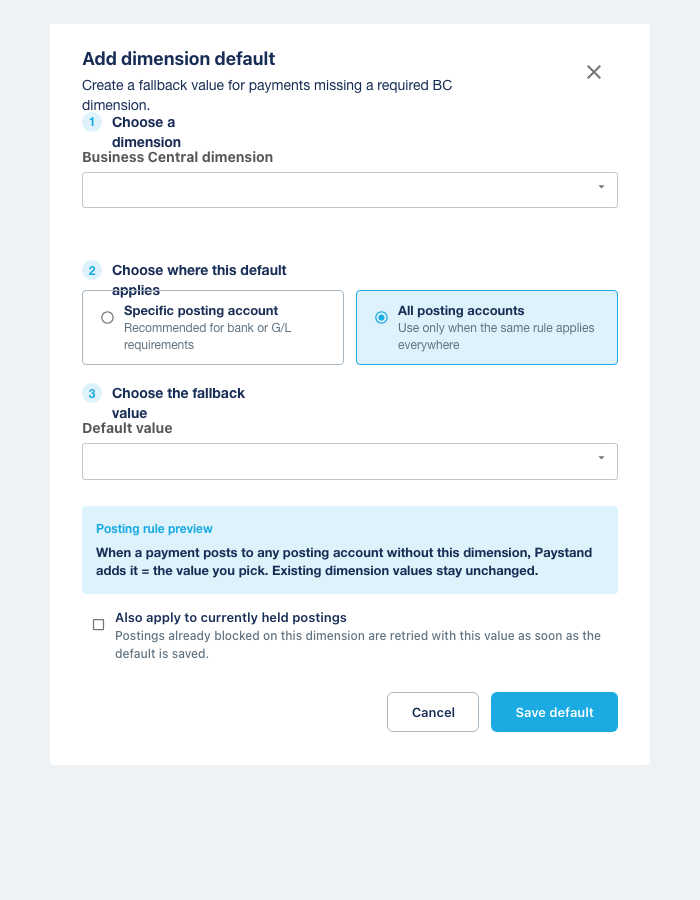 Add dimension default dialog with All posting accounts selected and an all-accounts posting rule preview