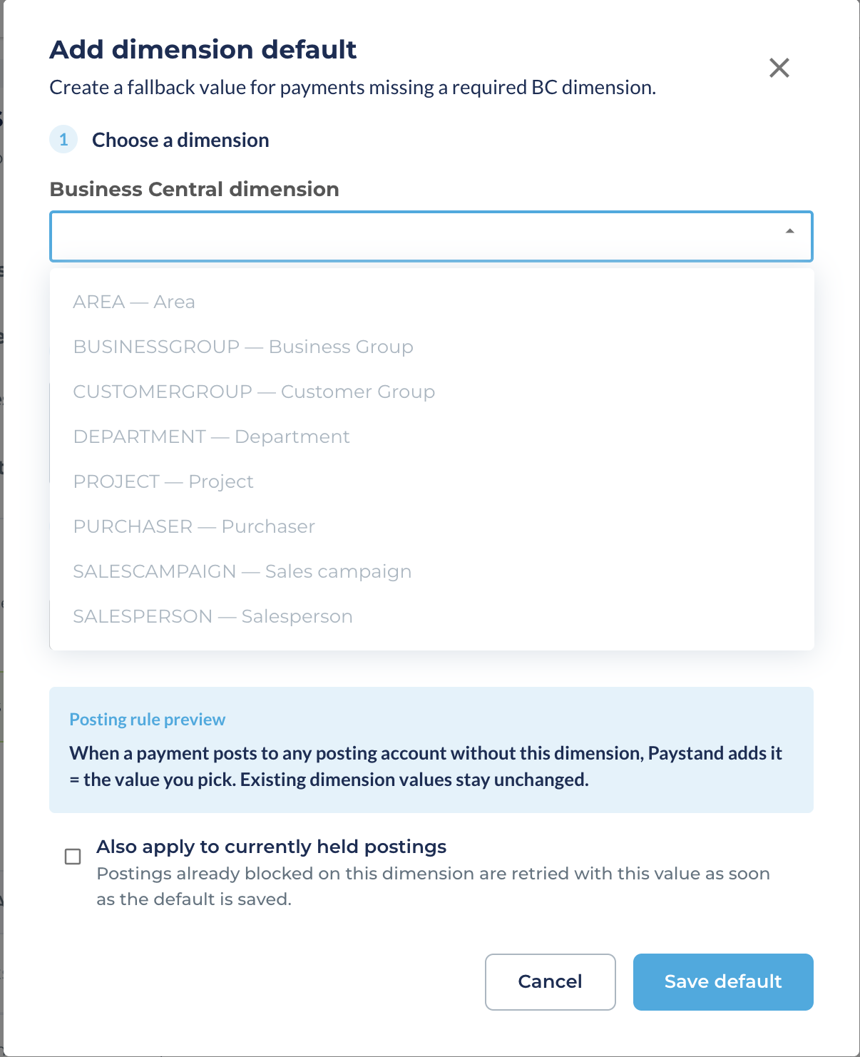 Add dimension default dialog with the Business Central dimension list open, showing dimension codes synced from the connected company