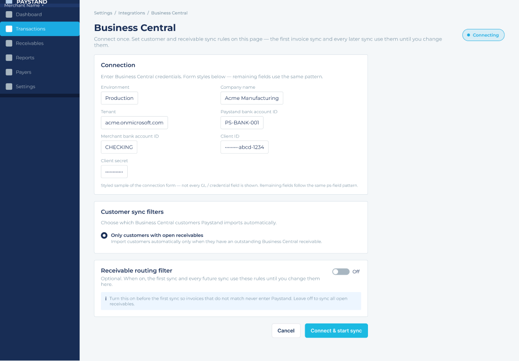 Business Central Integrations page showing Receivable routing filter turned off by default