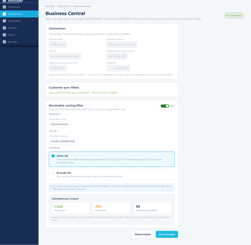 Receivable routing filter configured with Allow list, dimension code, values, and Check impact