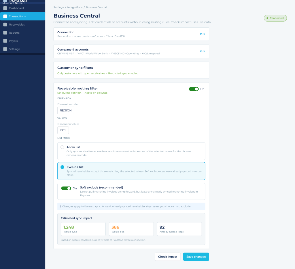 Connected Business Central Integrations page with routing filter active and Check impact