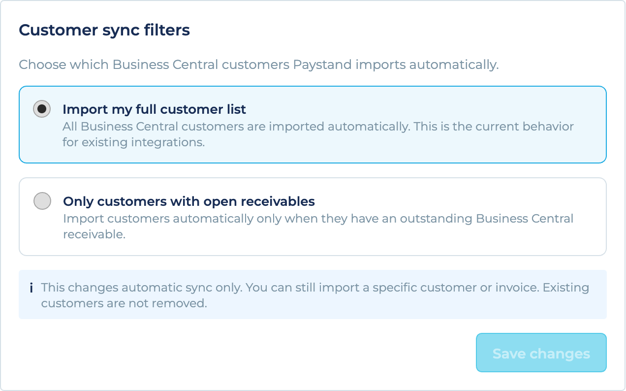 Customer sync filters card with Import my full customer list selected