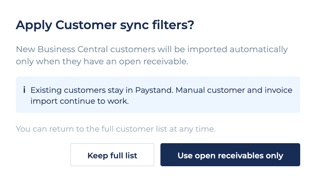 Apply Customer sync filters confirmation dialog with Keep full list and Use open receivables only