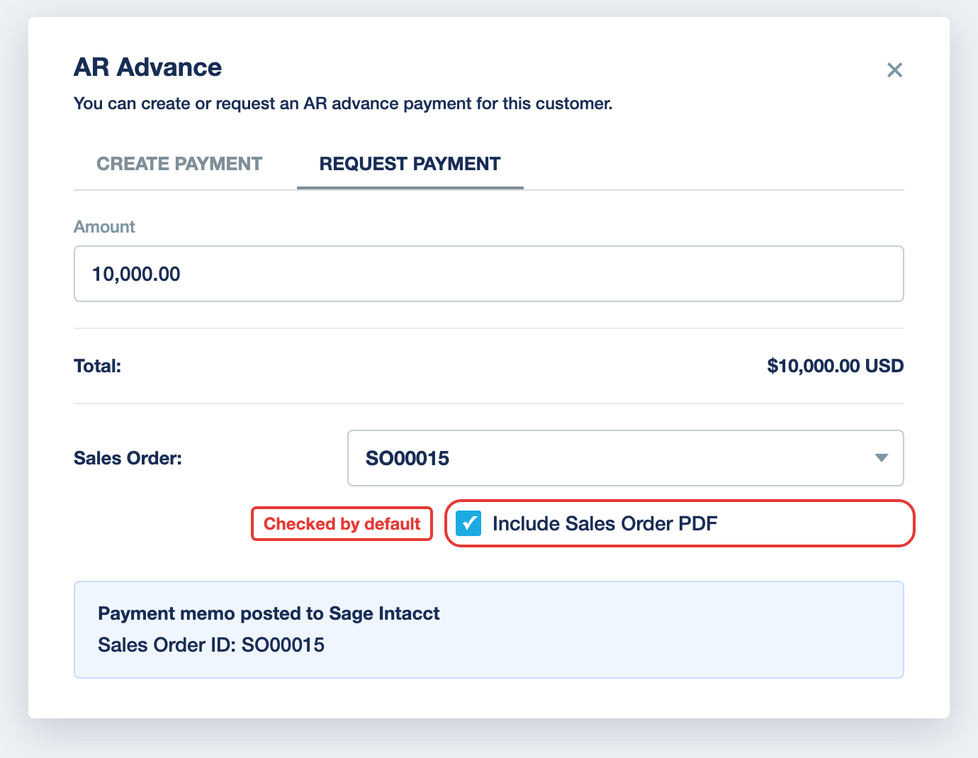 Request Payment with a Sales Order selected and Include Sales Order PDF checked