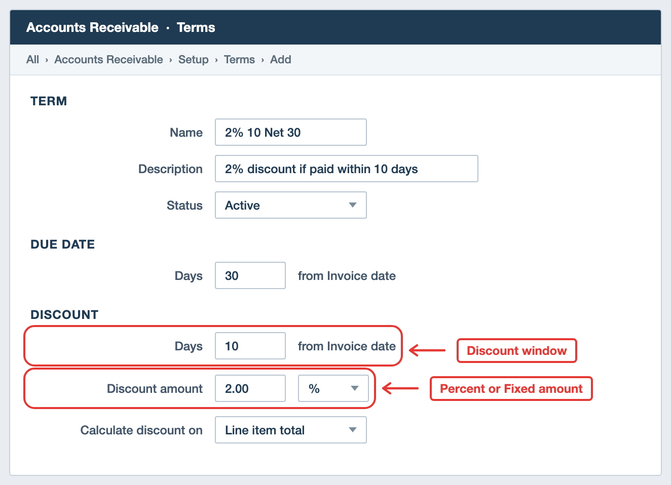 Sage Intacct AR Terms screen showing the discount days and discount amount fields