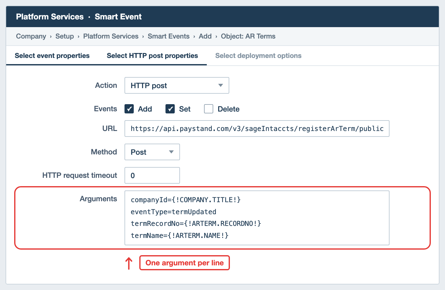 Sage Intacct Smart Event HTTP post properties with the Paystand URL and arguments