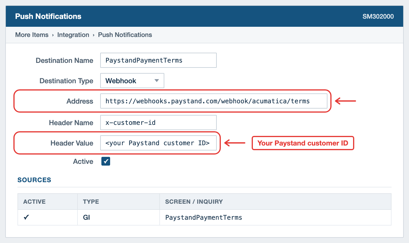 Acumatica Push Notifications destination pointing at the Paystand terms webhook
