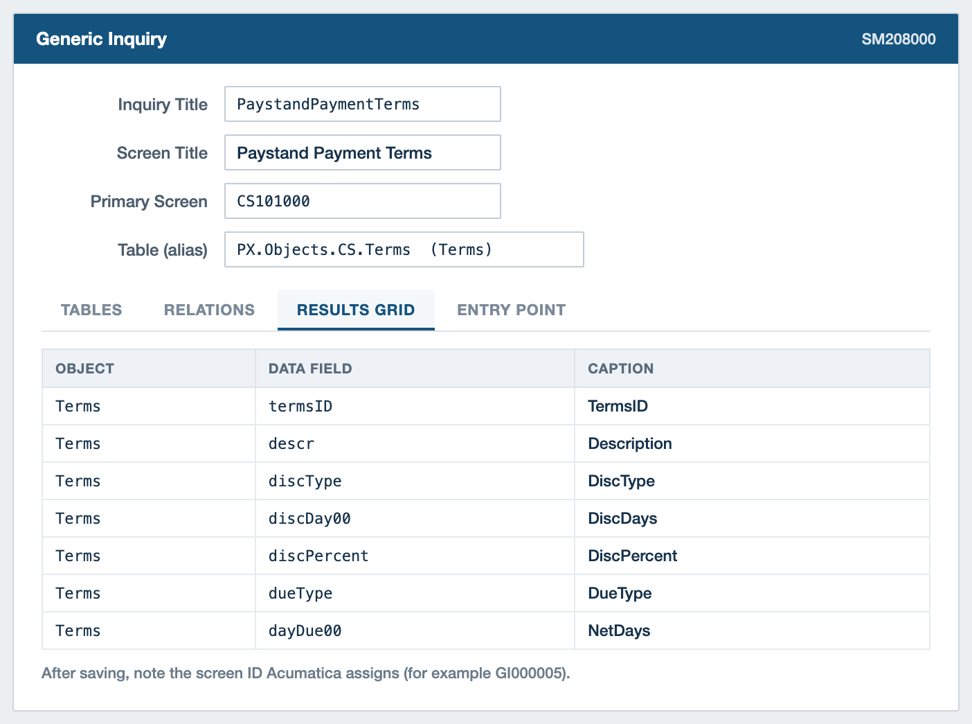Acumatica Generic Inquiry results grid with the payment terms columns