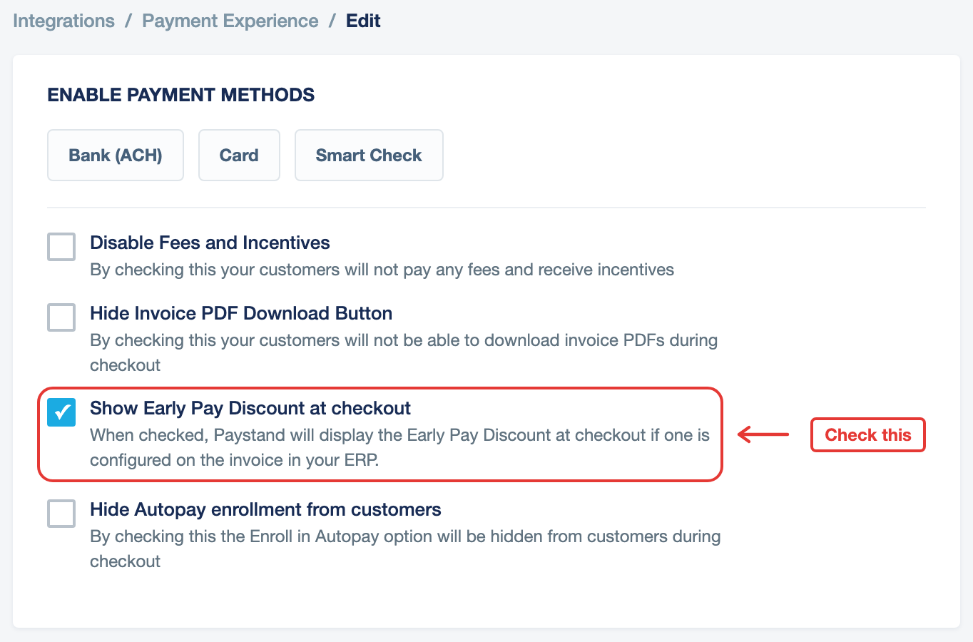 Payment Experience editor with Show Early Pay Discount at checkout checked