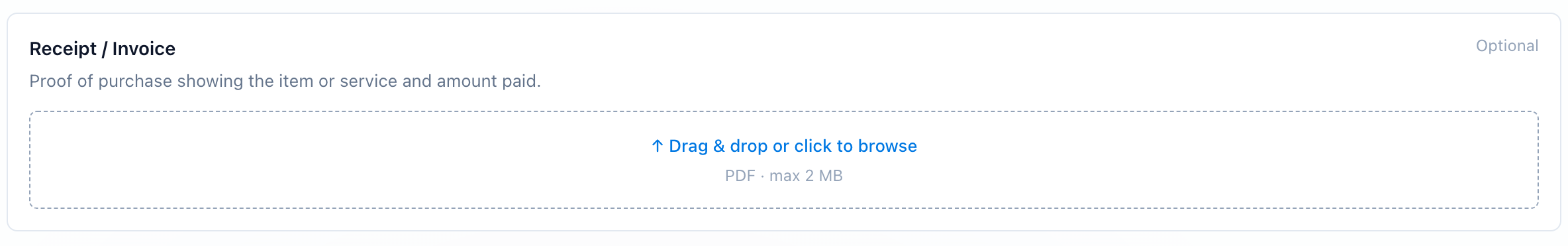 Receipt / Invoice category with Drag and drop or click to browse