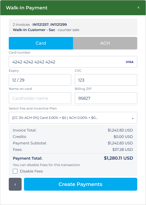 Walk-In Payment for multiple invoices