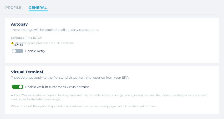 Settings → General → Virtual Terminal: enable walk-in virtual terminal