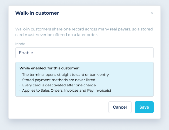 Walk-in customer modal: Enable and Save