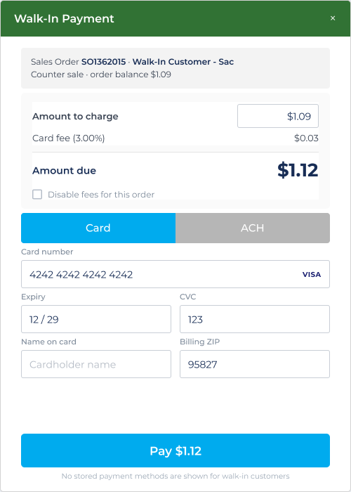 Walk-In Payment: enter card and pay