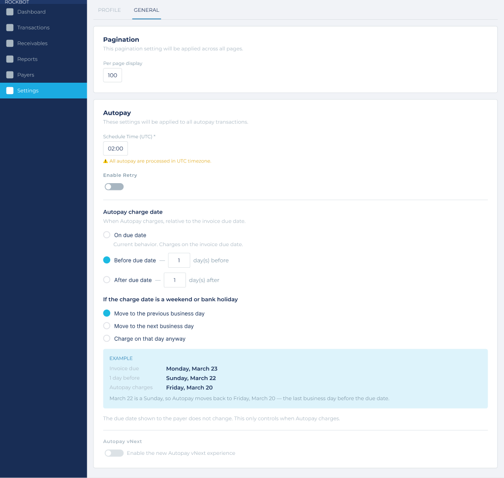 Settings → General → Autopay: schedule time, charge date, weekend and holiday rules, and the in-product example.