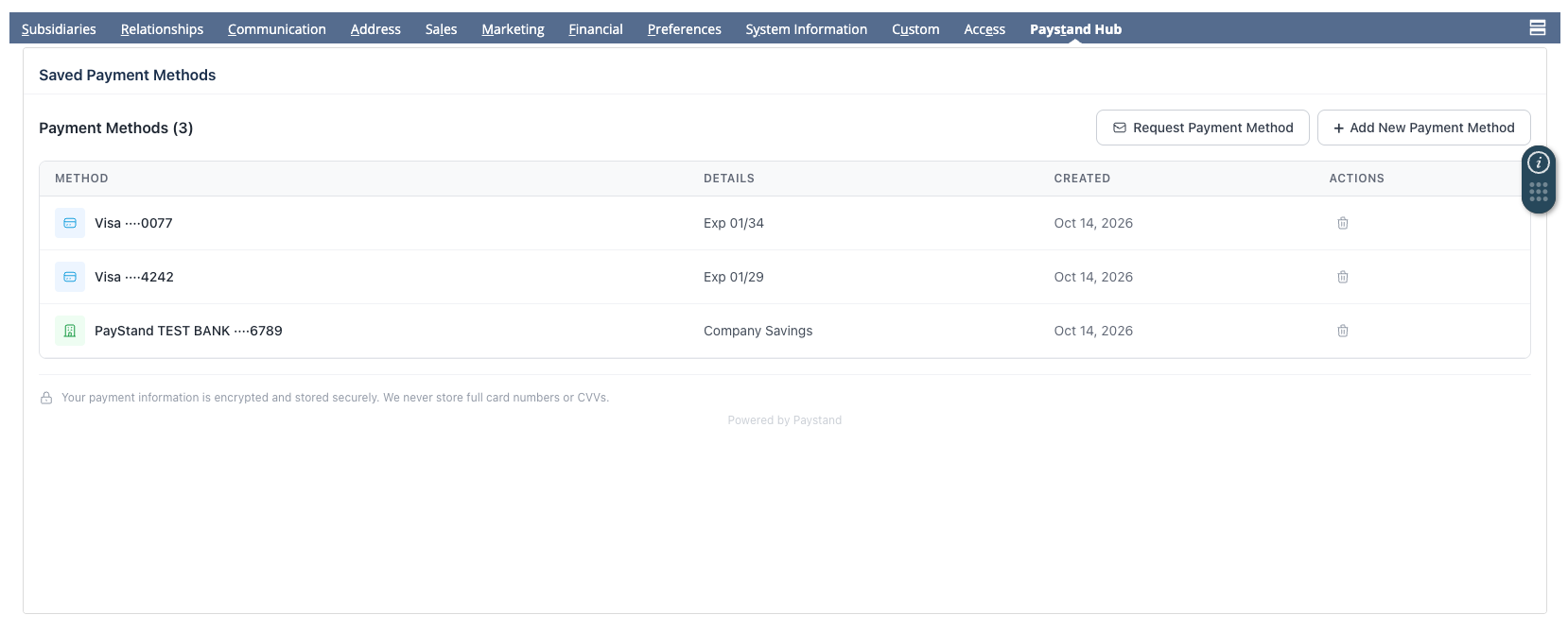Paystand Hub subtab on a NetSuite customer record, listing two saved cards and a bank account with the Request Payment Method and Add New Payment Method buttons