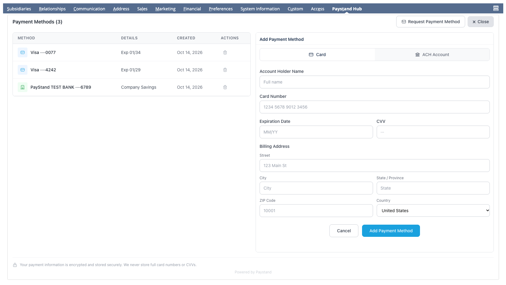 Add Payment Method panel next to the saved payment methods list, with the Card tab selected and the card and billing address fields