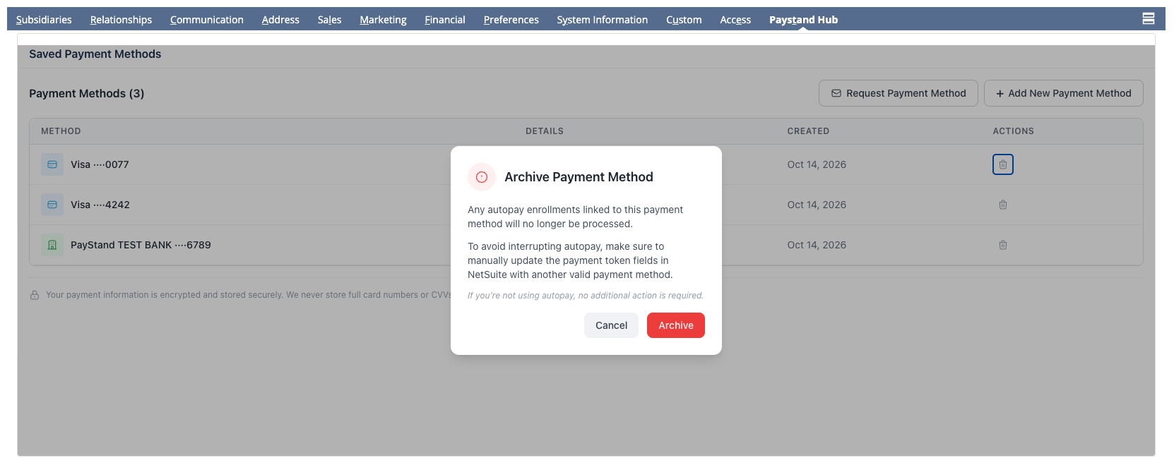 Archive Payment Method confirmation explaining that autopay enrollments linked to the payment method will no longer be processed