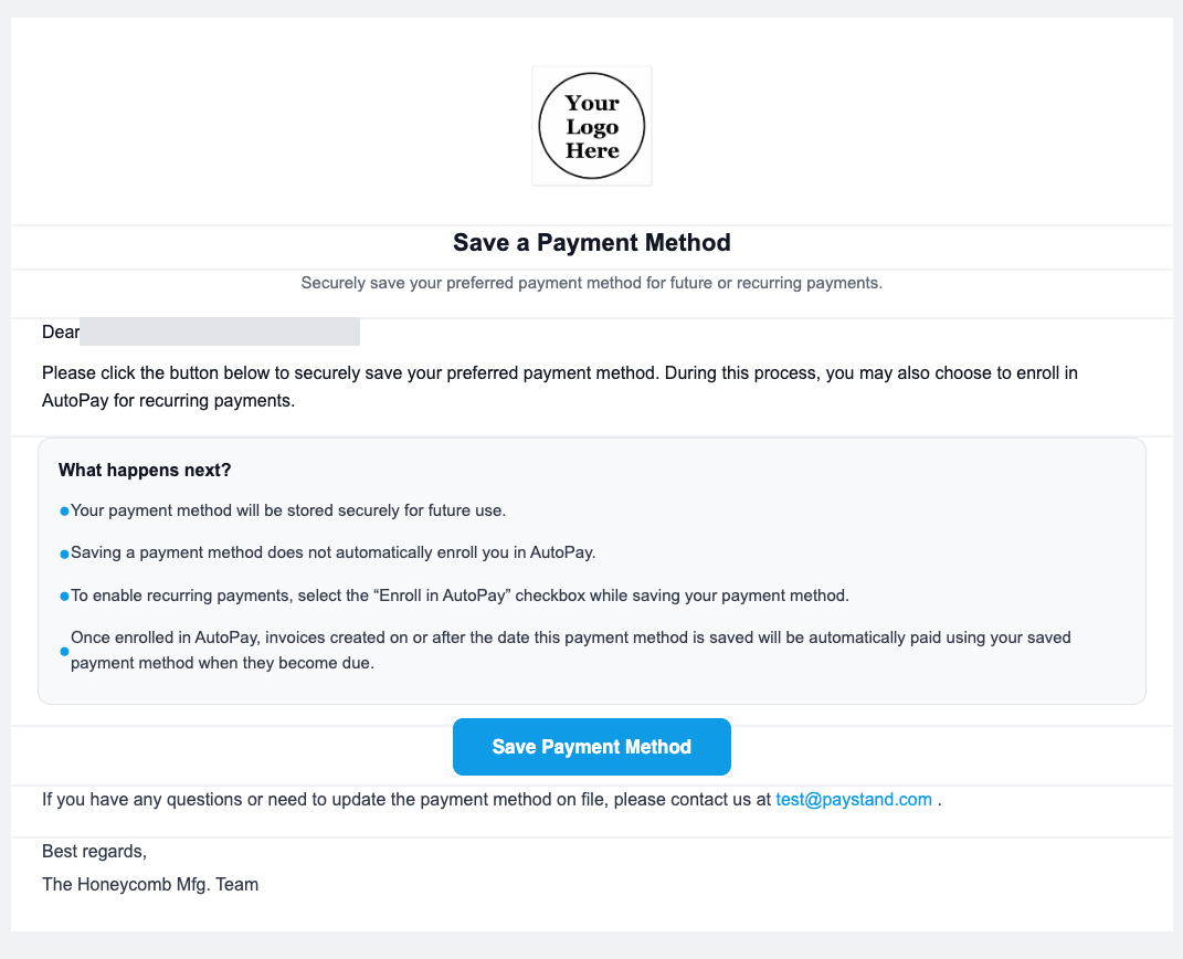 Example Request Payment Method email with a Save Payment Method button and an explanation of how AutoPay enrollment works
