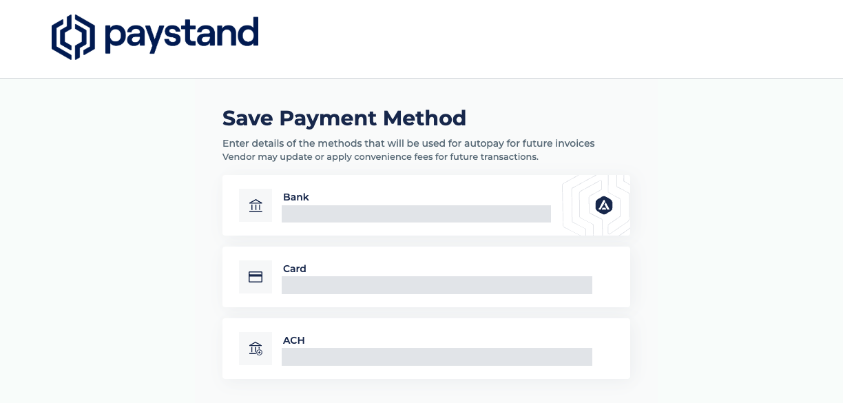 Save Payment Method page in checkout with the Bank, Card and ACH options
